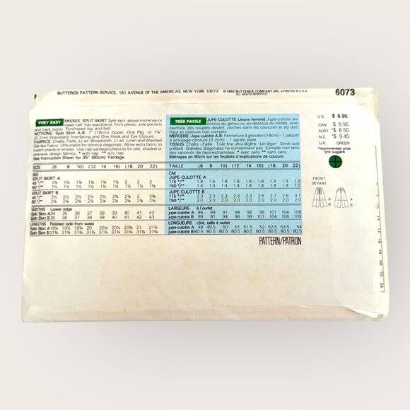 Vintage 1990s Butterick Sewing Pattern 6073 Misses Split Skirt Size 6-10 - Picture 2 of 2